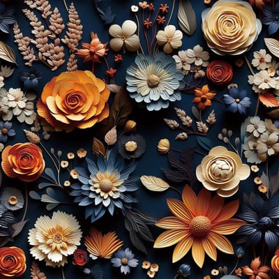 Donkerblauwe bloemenbehang met 3D-effect en oranje folie voor slaapkamer en woonkamer, zelfklevend, 44.5cm x 3m, ideaal voor een stijlvolle inrichting met een navy blauwe en beige madeliefjespatroon.