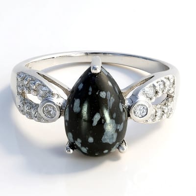 Cavill - Zilveren Ring 925 Sterling met 2,82 ct Sneeuwvlokken Obsidiaan Peervorm - Cambodjaanse Zirconia's Totaal 3,22 ct - Elegante Damesring