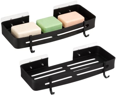 5Five Badkamer organizer - 2x - zwart - metaal - zeep bakje met haakjes - 32 x 13 cm - douche rekje