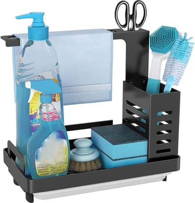 Keukenorganizer - Nette keuken sponshouder voor aanrecht - Gootsteenaccessoires met afvoerbakje - Zwart aanrecht organizer