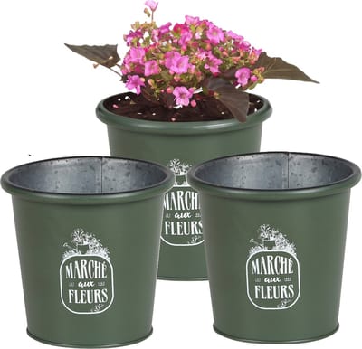 Sunnydays /plantenpot/bloempot - 3x - zink - legergroen - D14 x H13 cm