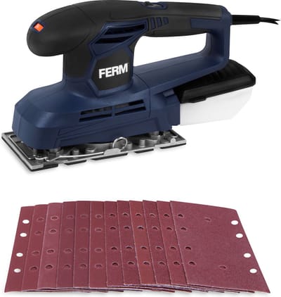 FERM - PSM1034 - Vlakschuurmachine - 240W - Schuuroppervlak - 90 x 187 mm - Variabele snelheid - 6000 t/m 11000 r/min - Klittenband bevestiging - EN - Klemsysteem - Stofopvangbak - Softgrip - 12 schuurvellen - 3m snoer