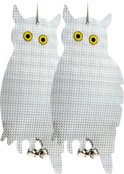PrimeMatik - Vogelwerper Vogelwerend middel Vogelverschrikker type reflecterende uil en bellen 2-pack