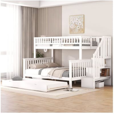 Stapelbed - MUVOE - 90x200 cm en 140x200 cm - Massief hout - Hedendaags design - 4 personen wit