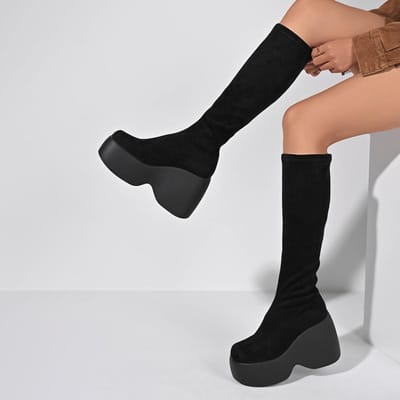 Dameslaarzen Designer Sleehakken Platformlaars Mode Casual Leren Laarzen voor Dames Luxe Kniehoge Laarzen Comfort Elastisch Botas 43 black