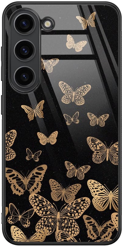 Hoesje geschikt voor Samsung Galaxy S23 - Vlinders - Luxe Glazen Hardcase - Print / Illustratie - Zwart, Goud