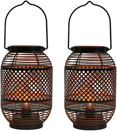 Anna Collection Tuin lantaarn Meadox - 2x - Solar - zwart - D14 x H21 cm - vlam effect - LED buitenverlichting