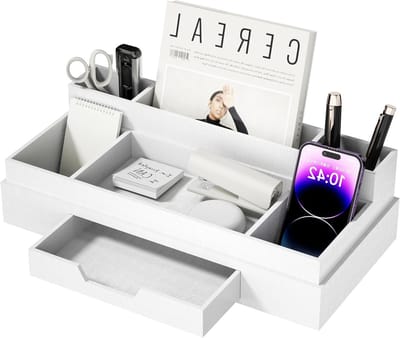 Multifunctionele Bureau Organizer met 6 Compartimenten, Stevige Pennenhouder met Lade, Ideaal voor Kantoorbenodigdheden en Bureauaccessoires, Wit