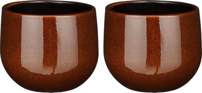 Mica Decorations Plantenpot/bloempot - 2x stuks - terra bruin - D16/H14 cm - keramiek - speels licht gevlekt patroon