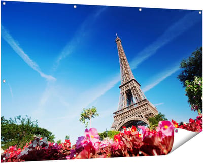 Gards Tuinposter Eiffeltoren in Parijs met Bloemen - 150x100 cm - Tuindoek - Tuindecoratie - Wanddecoratie buiten - Tuinschilderij