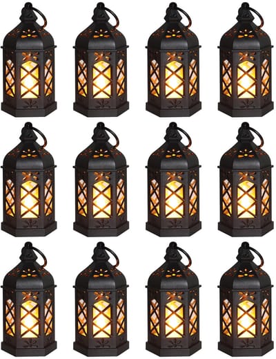 12 stuks - Mini-lantaarns - Witte bruiloftsdecoraties, Kerstmis, Halloween-feestjes - Sfeerverlichting voor op tafel - Vintage decoraties - zwart