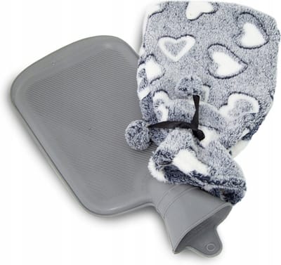 Tragar Warmwaterkruik Heart 2L – Grijs/Wit – Rubber Kruik met Zachte Polyester Hoes – 34 x 20 cm