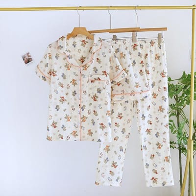 Nieuwe Dames Lente Zomer Pyjamaset 100% Katoen Korte Mouwen+Shorts+Lange Broek Drie Delig Dunne Zoete Huisinrichting XL beige