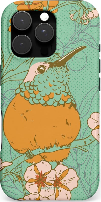 Casetastic hoesje geschikt voor Apple iPhone 16 Pro - MagSafe - Dubbellaagse bescherming - Bloesem Kolibrie - Fashion Case - Mintgroen Okergeel Zand