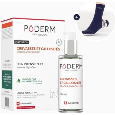 PODERM • PIEDS CREVASSES ET CALLOSITÉS • Un sérum + une paire de chaussettes • SOIN INTENSIF NUIT 8H • 100 % Naturels • Swiss Made