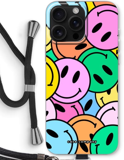 Case Company® - Hoesje met koord geschikt voor iPhone 16 Pro Max hoesje met Koord - Smiley N°1 - Telefoonhoesje met Zwart Koord - Bescherming aan alle Kanten en Over de Schermrand