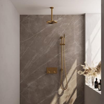 Brauer Gold Carving Thermostatische Regendoucheset Inbouw - Hoofddouche 20 cm - Met Drukknoppen - Handdouche Staaf - Doucheslang - Geintegreerde Glijstang - Geborsteld Goud