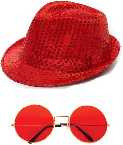 Folat - Verkleedkleding set - Glitter hoed/party bril rood volwassenen