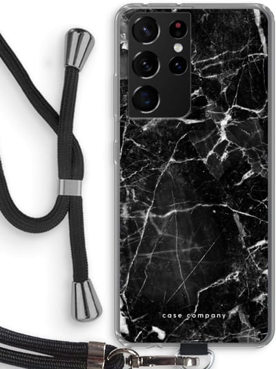 Case Company® - Hoesje met koord geschikt voor Samsung Galaxy S21 Ultra hoesje met Koord - Zwart Marmer - Telefoonhoesje met Zwart Koord - Bescherming aan alle Kanten en Over de Schermrand