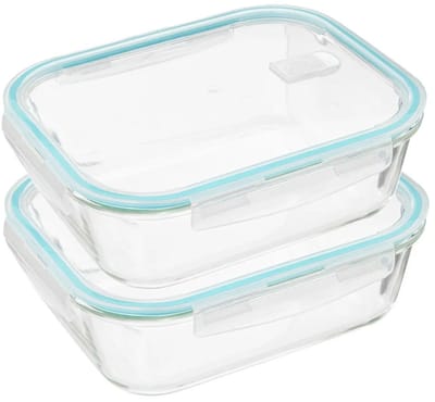 5Five Vershoudbakje met deksel - 2x - glas - luchtdicht - met clips - 26 x 21 x 8 cm - 2260 ml