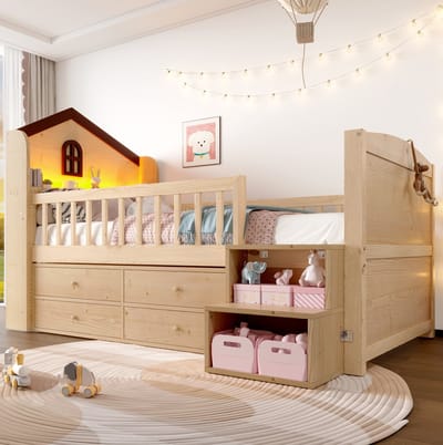 MIVRAY Halfhoogslaper 90x200 Cm - Kinderbed In Huisvorm Met Ledverlichting En 4 Lades - Met Opbergtrap Zonder Matras - Hout - Naturel