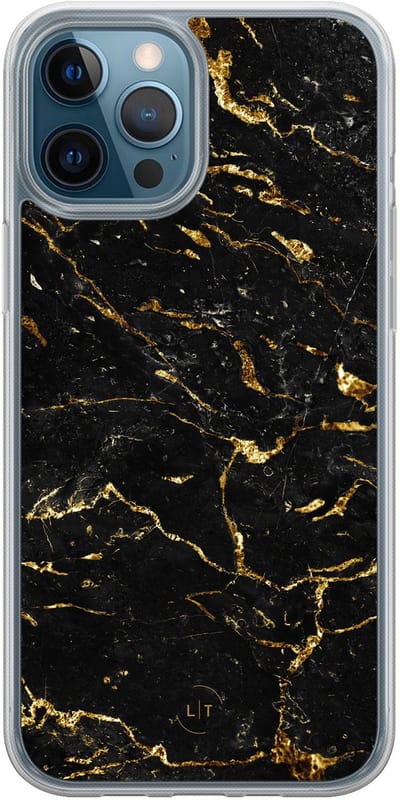Hoesje geschikt voor iPhone 12 - Marmer zwart goud - 2in1 backcover - Marmer - Zwart, Goud - Leuke Telefoonhoesjes