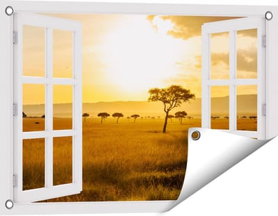 Gards Tuinposter Doorkijk Zonsondergang in de Savanne - 60x40 cm - Tuindoek - Tuindecoratie - Wanddecoratie buiten - Tuinschilderij