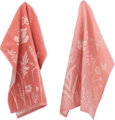 Luxe Keukendoek en Theedoek Wild Flowers Roze van Bunzlau Castle | 100% Biologisch Katoen | Keukendoek 60x53cm en Theedoek 65x65cm