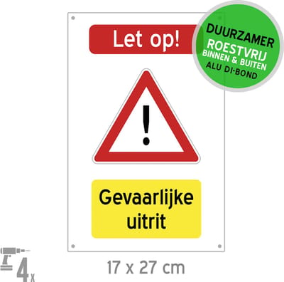 Pictogram/ bord Dibond + boorgaten | "Let op! Gevaarlijke uitrit" | 17 x 27 cm | Fietsers waarschuwen | Wandelaars | Gevaar | Voetgangers | Duurzaam | 1 stuk