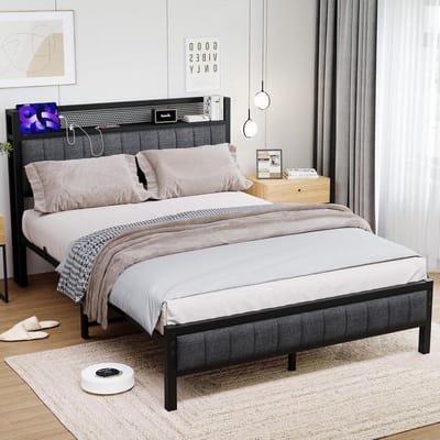 Metalen Bedframe - Bed met Lattenbodem - Slaapkamer Inrichten - Geïntegreerd Laadstation - 120x200 cm - Zwart Grijs