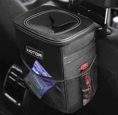 HOTOR Auto Prullenbak 7,5L met Deksel - Ophangbaar aan Hoofdsteun of Middenconsole - Waterdicht & Lekvrij - Opvouwbaar - Met Opbergvakken - Autoprullenbak / Vuilnisbak Auto - Zwart