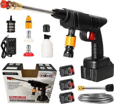 LotaHome - Draadloze Hogedrukreiniger - Met 3 Accu's - Instelbare Accu Drukreiniger - Plantenspuit - Auto Schoon Spuiten - Inclusief 5 Meter Waterslang - Waterdrukreiniger - Spuitpistool - Hogedrukspuit - 30 bar & 24 V - Complete Set