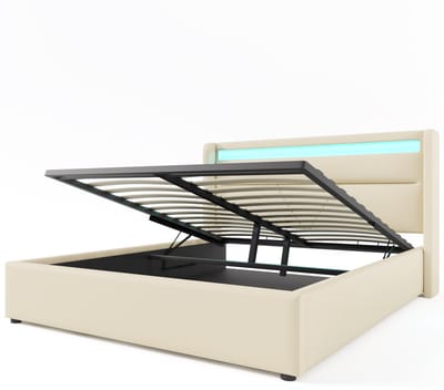 COVREO Bedframe 160x200 cm - wit PU, LED en opbergruimte, zonder matras