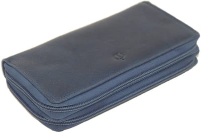 Oi vintage blauwe dubbele ritsportemonnee XL / zeer ruime lederen damesportemonnee volledig afgesloten met 2 ritsen / damesbeurs zeer groot en overzichtelijk / Anti skimming / donker blauw leer / 405Blue
