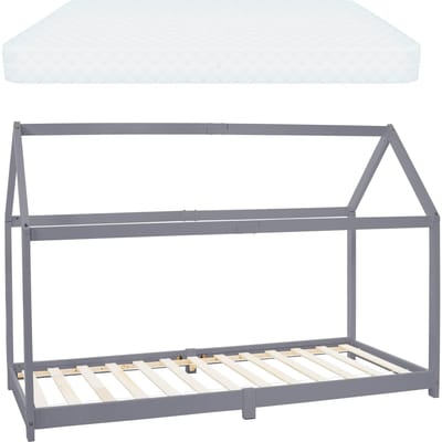 Kinderbed huisbed 90x200 cm lichtgrijs gemaakt van grenenhout incl. matras H-16cm houten bed met dak en lattenbodem ML design