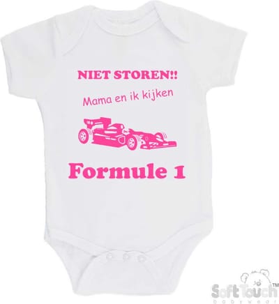 100% katoenen Romper "Niet storen!! Mama en ik kijken Formule 1" Meisjes Katoen Wit/roze Maat 62/68