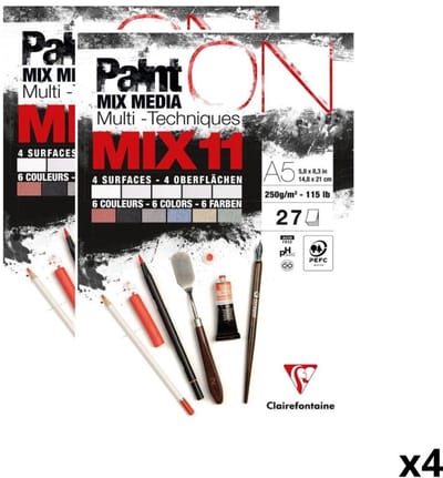 Clairefontaine - Paint ON - Multi-Techniek Pad - Tekenpapier - Schilderpapier - 6 kleuren - 4 papierstructuren - A5 - 27 vel - 4 Stuks