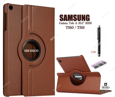 HiCHiCO Tablet Hoes voor Samsung Galaxy Tab A 10.1” 2019, Galaxy Tab T510 / Galaxy Tab T515 Hoesje, 360 Graden Draaibaar Tablet Case Bruin met Stylus Pen