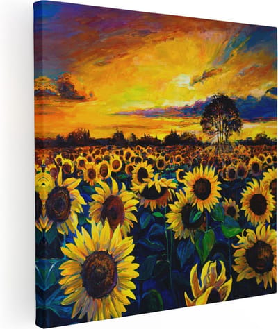 Artaza Canvas Schilderij Zonnebloemenveld - 80x80 cm - Wanddecoratie Zonsondergang - Muurdecoratie Landschap - Schilderijen Natuur
