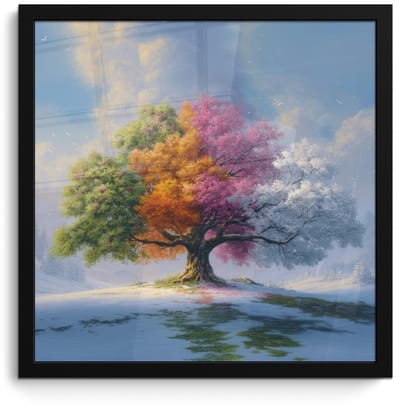 Poster in lijst - Fotolijst 40x40 cm - Posters - Boom - Seizoenen - Winter - Landschap - Posterlijst zwart - Decoratie - Wanddecoratie woonkamer - Muurdecoratie slaapkamer