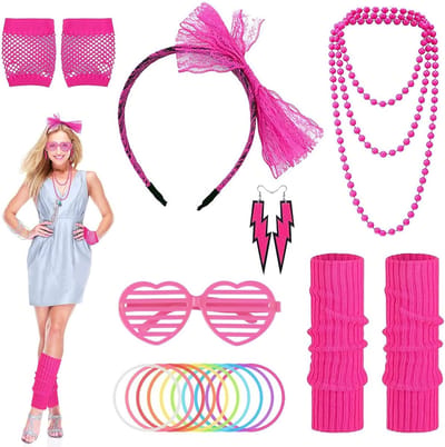 80s Kostuum voor Themafeest met Neon Outfit, Accessoires, Net Handschoenen, Beenwarmers, Hoofdband, Bril, Oorbellen en Ketting voor Feestelijke Foto's en Verkleedplezier