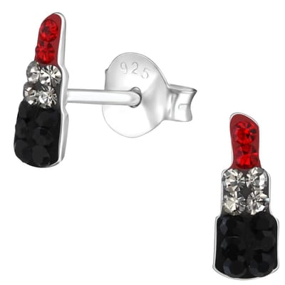 Joy|S - Zilveren lipstick oorbellen met kristal rood zwart en wit - 3 x 8 mm - lippenstift oorknoppen