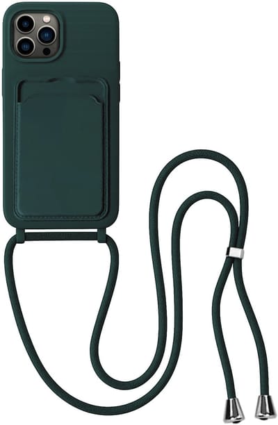 Hoes Geschikt voor iPhone 13 Pro Hoesje Pas Houder Case Hoes Met Koord - Hoesje Geschikt voor iPhone 13 Pro Hoes Met Telefoonkoord Pasjeshouder Cover - Donkergroen