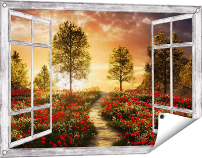 Gards Tuinposter Doorkijk Mooi Landschap met Rode Bloemen en Zonsondergang - 90x60 cm - Tuindoek - Tuindecoratie - Wanddecoratie buiten - Tuinschilderij
