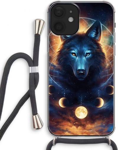 Case Company® - Hoesje met koord geschikt voor iPhone 12 mini hoesje met Koord - Wolf Dreamcatcher - Telefoonhoesje met Zwart Koord - Bescherming aan alle Kanten en Over de Schermrand