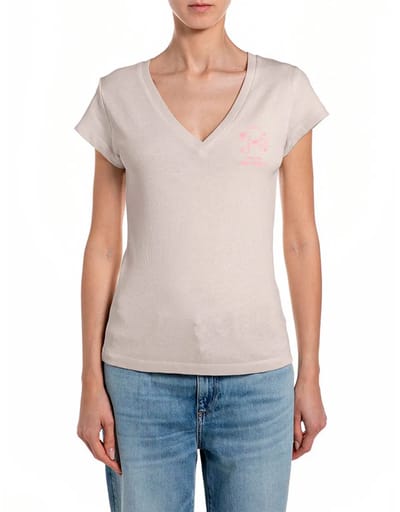 Replay W3467a.000.23792g T-shirt Met Korte Mouwen En V-hals Beige L Vrouw