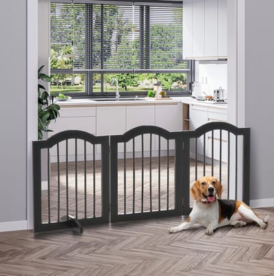 MIVRAY Hondenhek – Opvouwbaar En Stabiel Met Steunpoten – 154,5 X 61 Cm – Hout En MDF – Zwart – Voor Deur, Gang En Trap