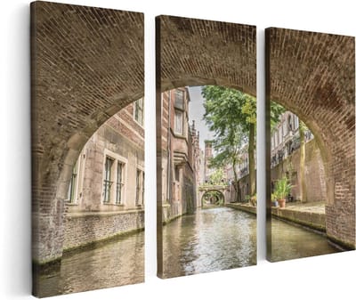 Artaza Canvas Schilderij Drieluik Gracht In Utrecht Onder De Brug - 120x80 - Foto Op Canvas - Canvas Print