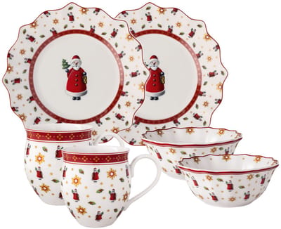 Kerst ontbijtservies voor 2 personen - 6-deluxe set met borden, kommen en mokken in feestelijke uitvoering