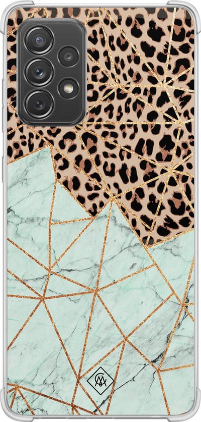 Casimoda® hoesje - Geschikt voor Samsung Galaxy A52 5G - Luipaard Marmer Mint - Shockproof case - Extra sterk - TPU/polycarbonaat - Mint, Transparant